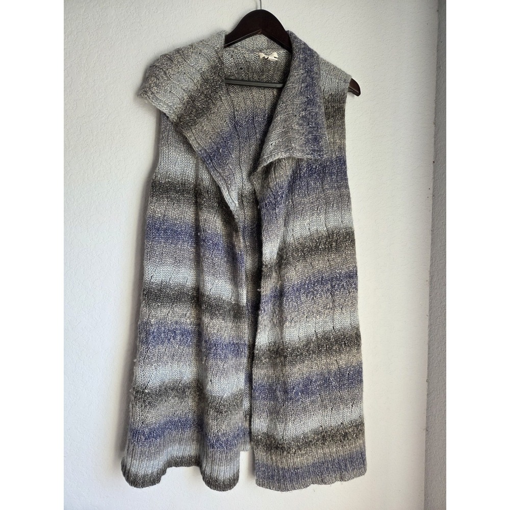 Chico's Womens 4 Stripe Blue‎ Open Front Sleeveless Sweater Cardigan Wool Blend